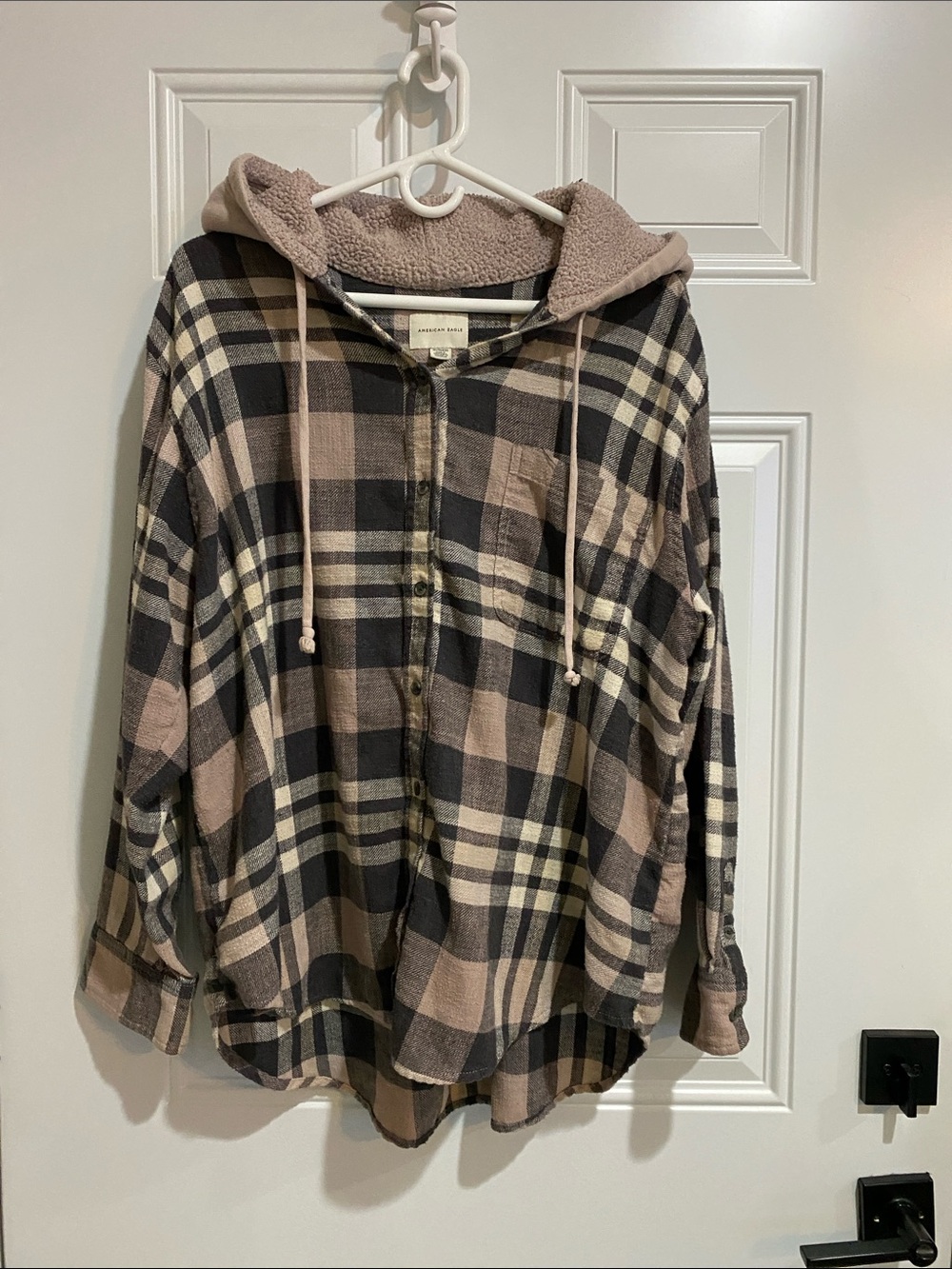 American Eagle Outfitters Taupe, Black & Cream Plaid Hooded Shacket